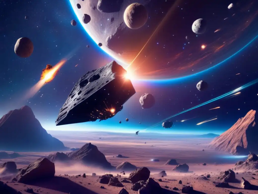 A thrilling photorealistic depiction of an asteroid field, with pulsars and nebulae in the background, swirling meteoroids and comets