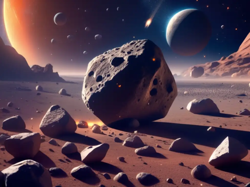 A stunning photorealistic image of a vast asteroid field, featuring a small asteroid in the foreground