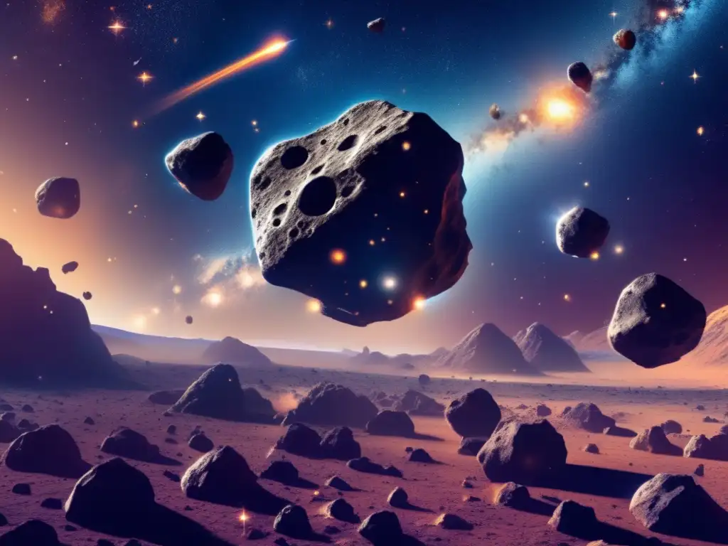 This captivating image of a welllit asteroid field in space showcases the diverse range of asteroids, each with unique textures and sizes