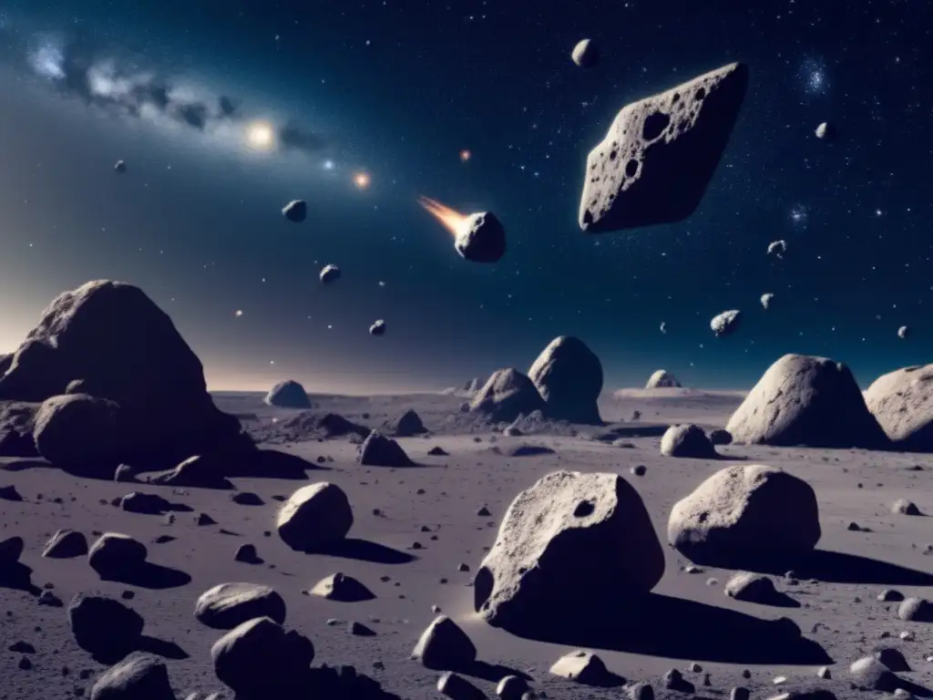 Dash & dark space backdrop - asteroids of jagged, metallic, artificial satellites - great sense of isolation & space exploration technology