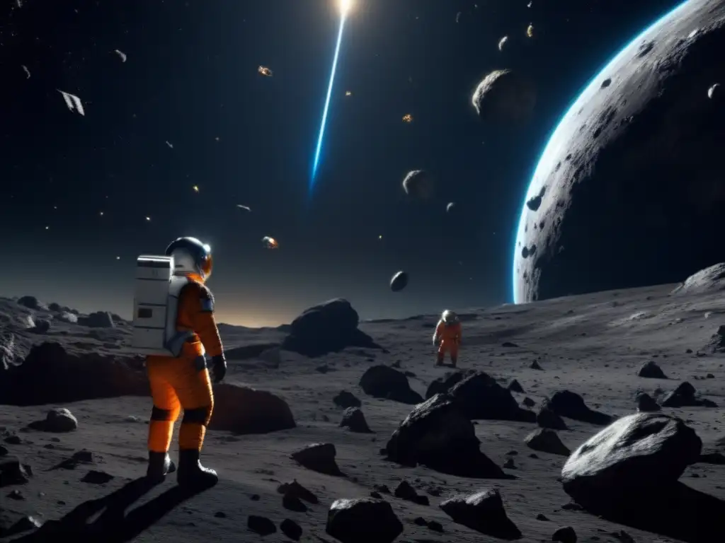 A photorealistic image of the asteroid field from 'Gravity' captures the vastness and danger of space, with detailed shapes, textures, and lighting that convey the tension and drama of the movie's climax