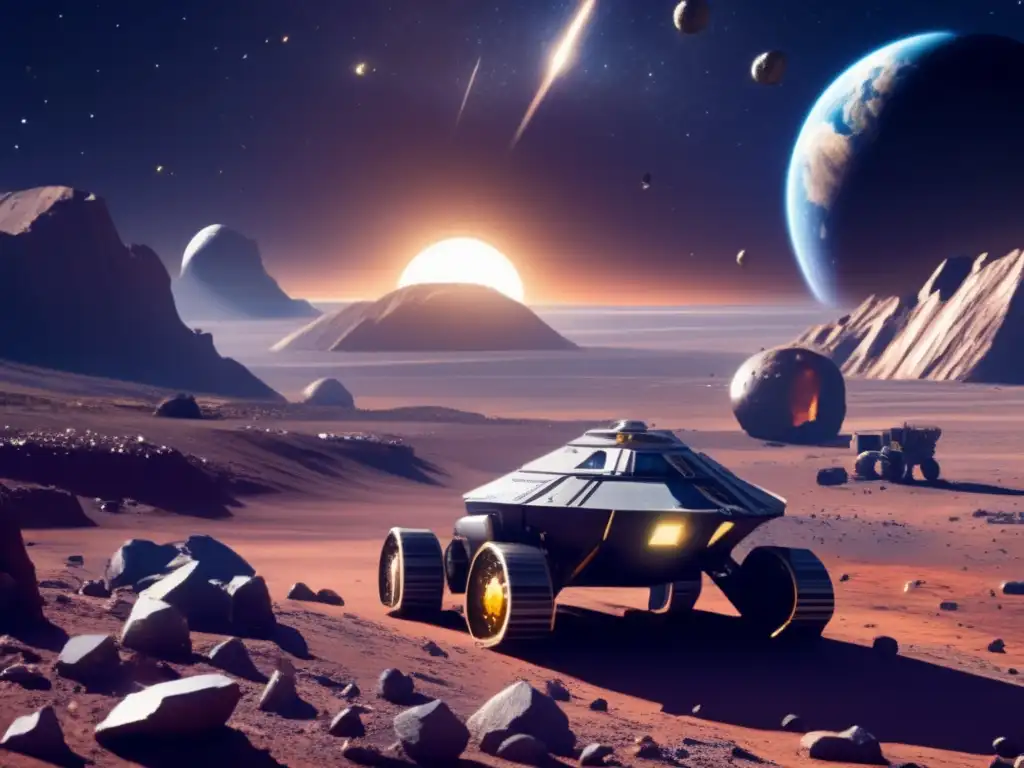 A barren asteroid field stretches across the sky, with glowing minerals and resources scattered across its surface