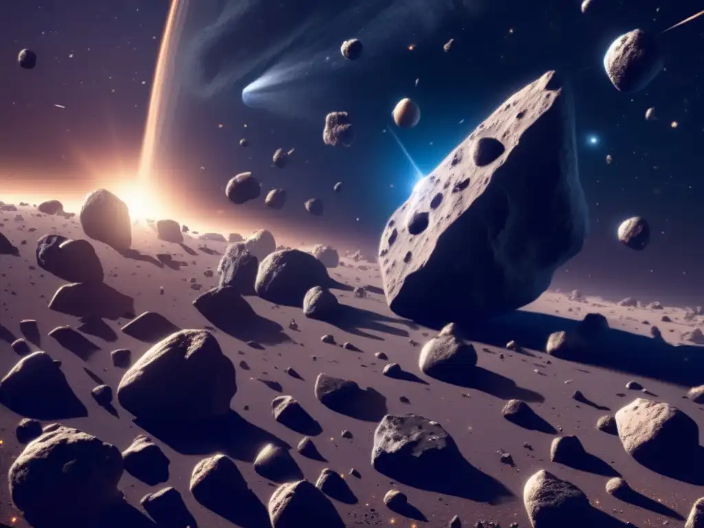 A captivating photorealistic image of an asteroid field in deep space, shrouded with a mystifying aura