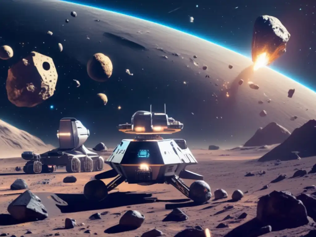 A mesmerizing image of an asteroid field, space shuttles, and mining equipment surrounded by space debris and asteroids of diverse shapes and sizes