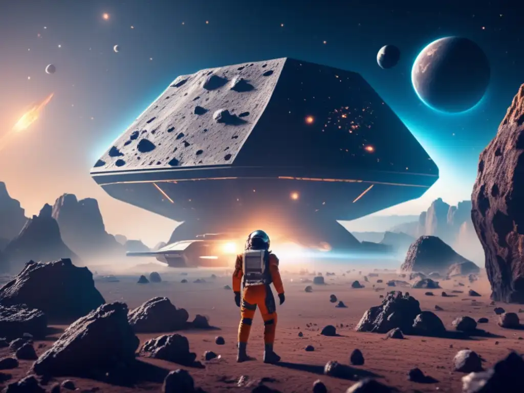 A captivating photo of a spaceship maneuvering through a field of asteroids, appearing as if it'sBUSY PUBLIC-TAKES this cosmic parking lot