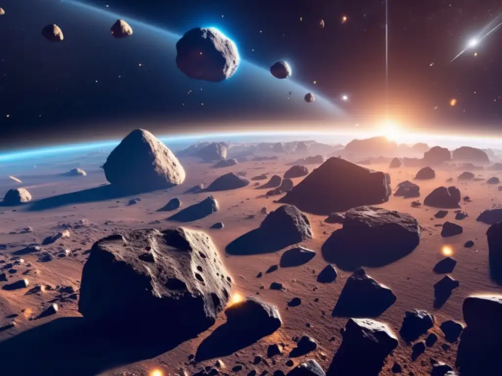 A dynamic and photorealistic image of a vast asteroid field floating through space