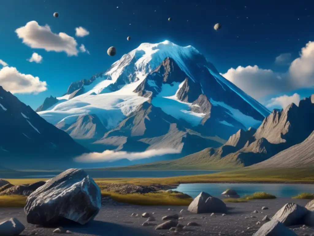Marvel at the vastness of this photorealistic image, featuring a dense asteroid field, towering Alaskan mountains, and icy glaciers