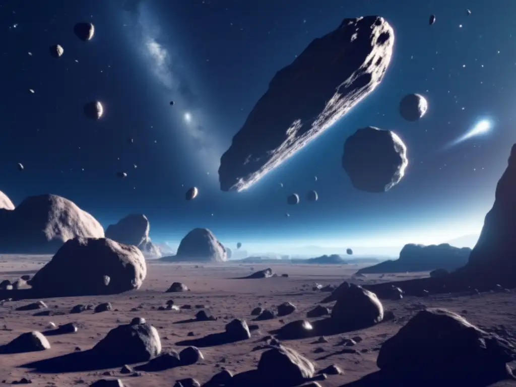 A celestial treasure trove of rocky wonders stretches out before us in this photorealistic image of a vast asteroid field