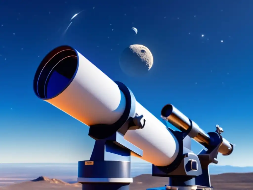 Meta description for a photorealistic image of a telescope with a filter attached to it, aimed at a distant asteroid