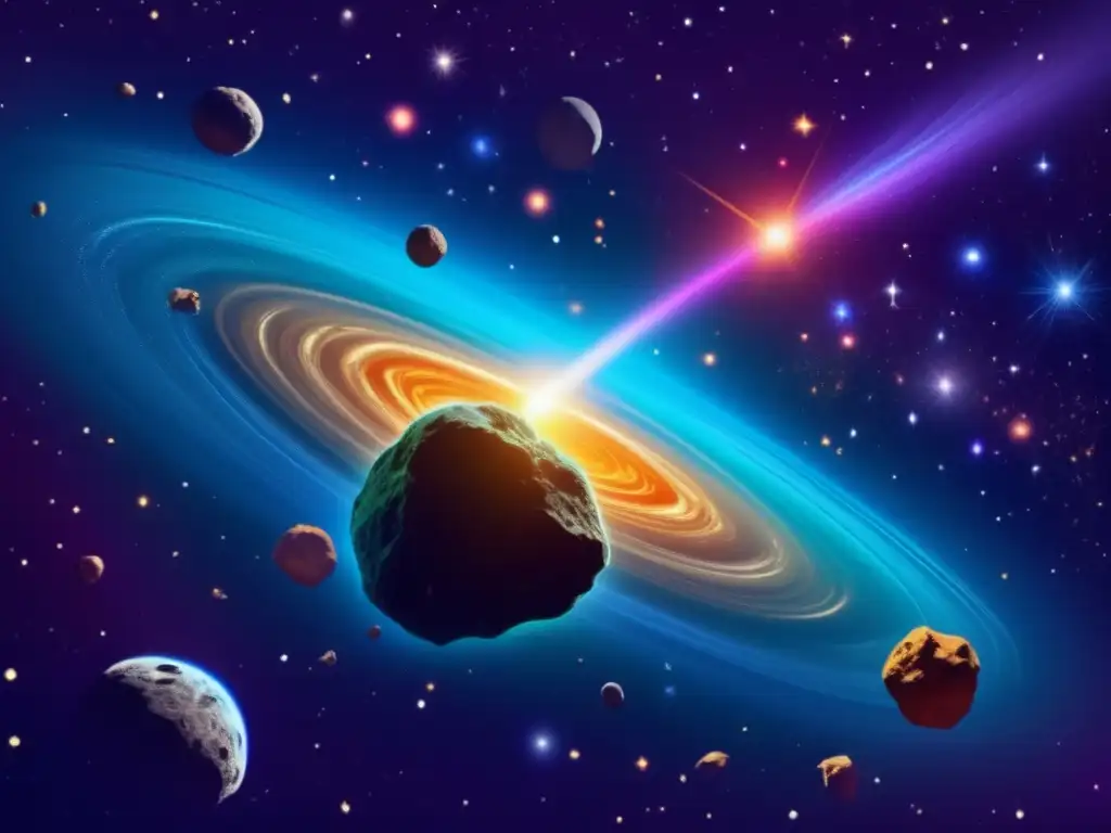 An enchanting image of a glowing asteroid flora in the depths of space, casting a mesmerizing light show among nebula and stars