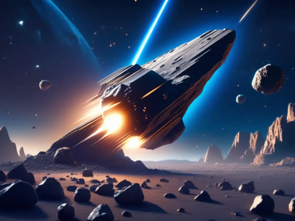 Dash-an intricate photorealistic image of an asteroid spacecraft flying through a jagged asteroid field