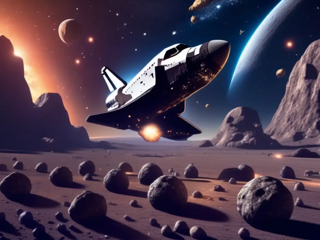 The galaxy awaits as a stealthy space shuttle ventures into the asteroid field