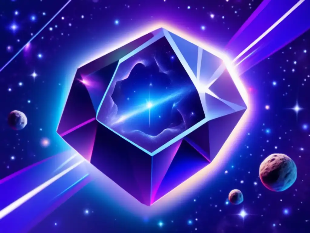 A photorealistic masterpiece captures the breathtaking beauty of a glowing crystal asteroid in the depths of space