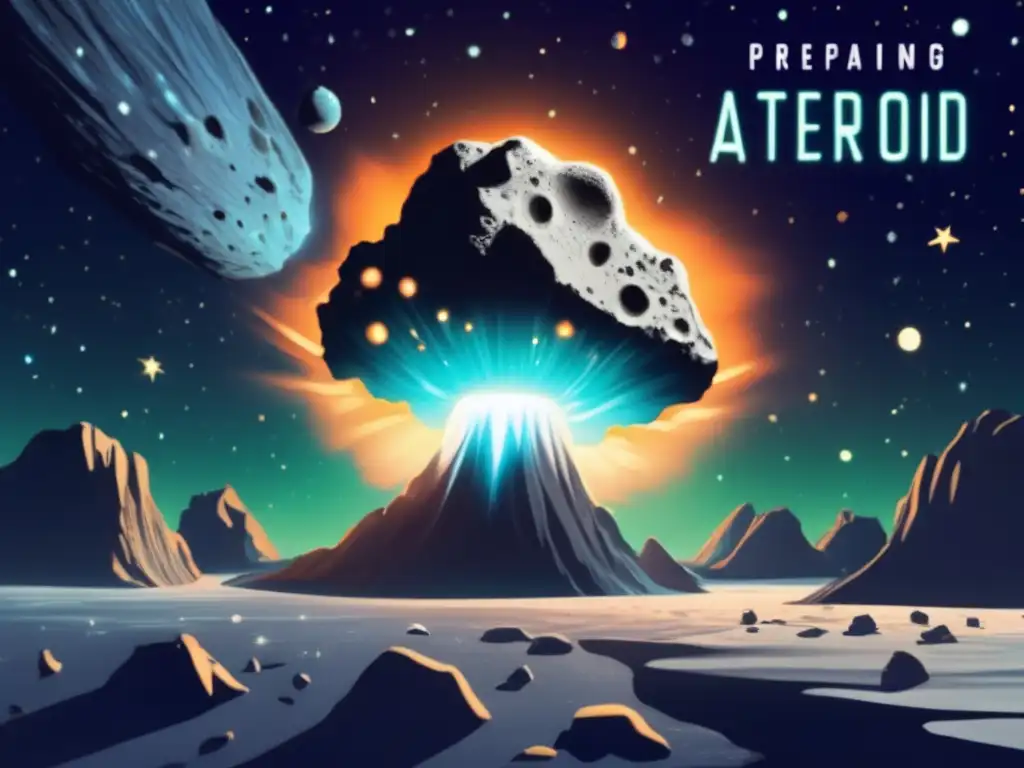 A phosphorescent asteroid hurtles through space, its ragged surface glowing brightly against the starry backdrop