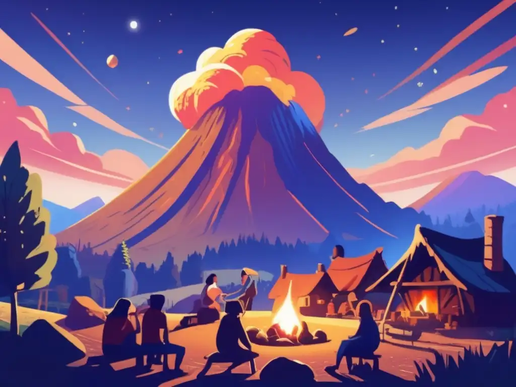 A mesmerizing large asteroid with a pointed tail illuminates a clear blue sky, casting a warm, inviting glow on a rustic village