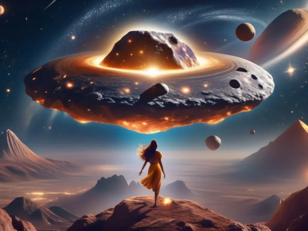 The Cosmic Goddess' Descent: An Asteroid's Trip to Earth A celestial rock ablaze with intricate markings etched of powerful goddesses, hurtling towards our planet