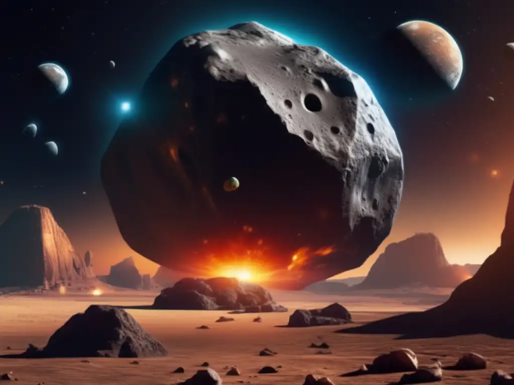 A captivating photorealistic image of a massive asteroid, illuminated in high definition, surrounded by a vast spacescape