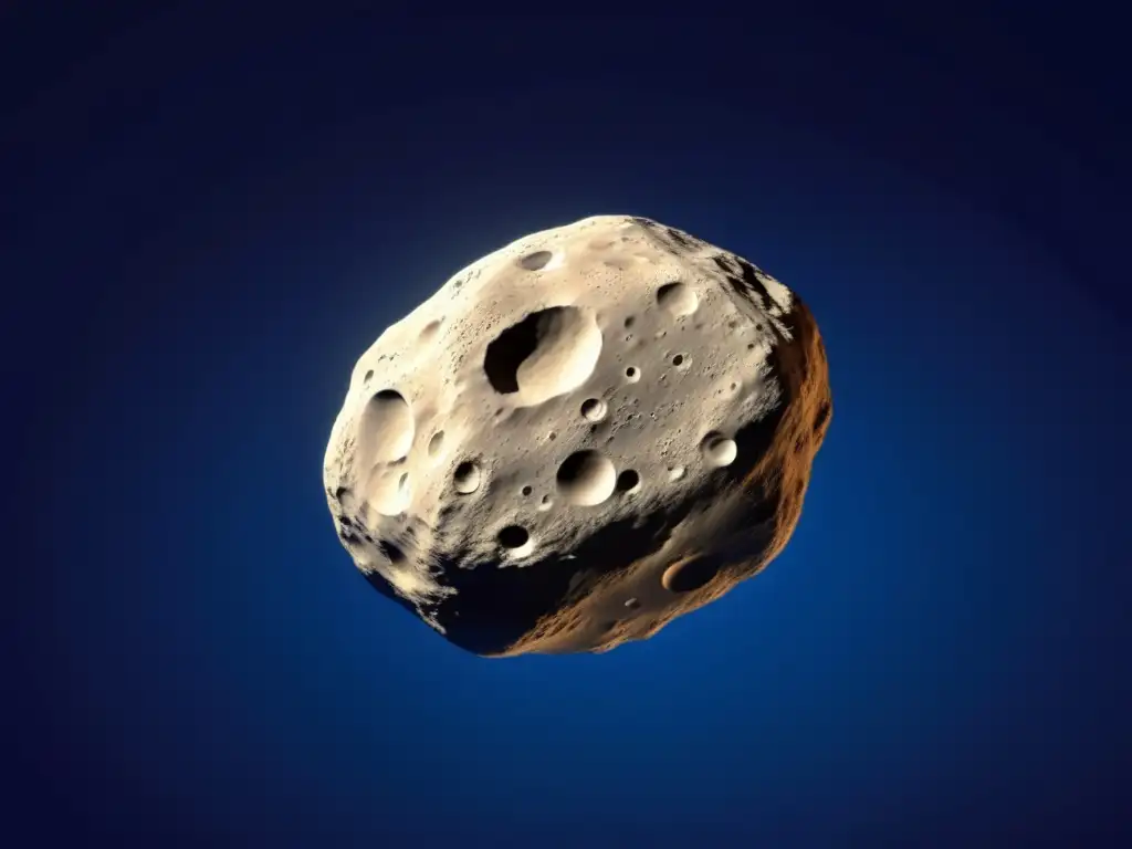 A spectacular asteroid hovers in the void of space, its intricate surface features clearly visible against the dark blue backdrop