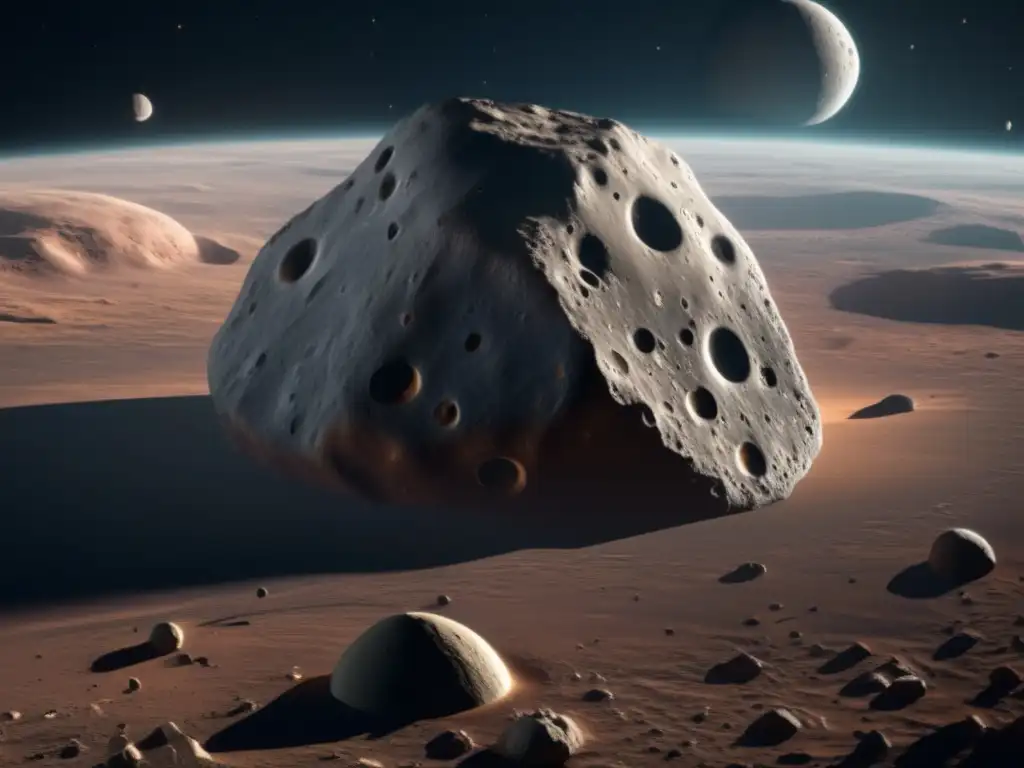 A photorealistic image of Asteroid Harmonia, showcasing its unique features and stark terrain