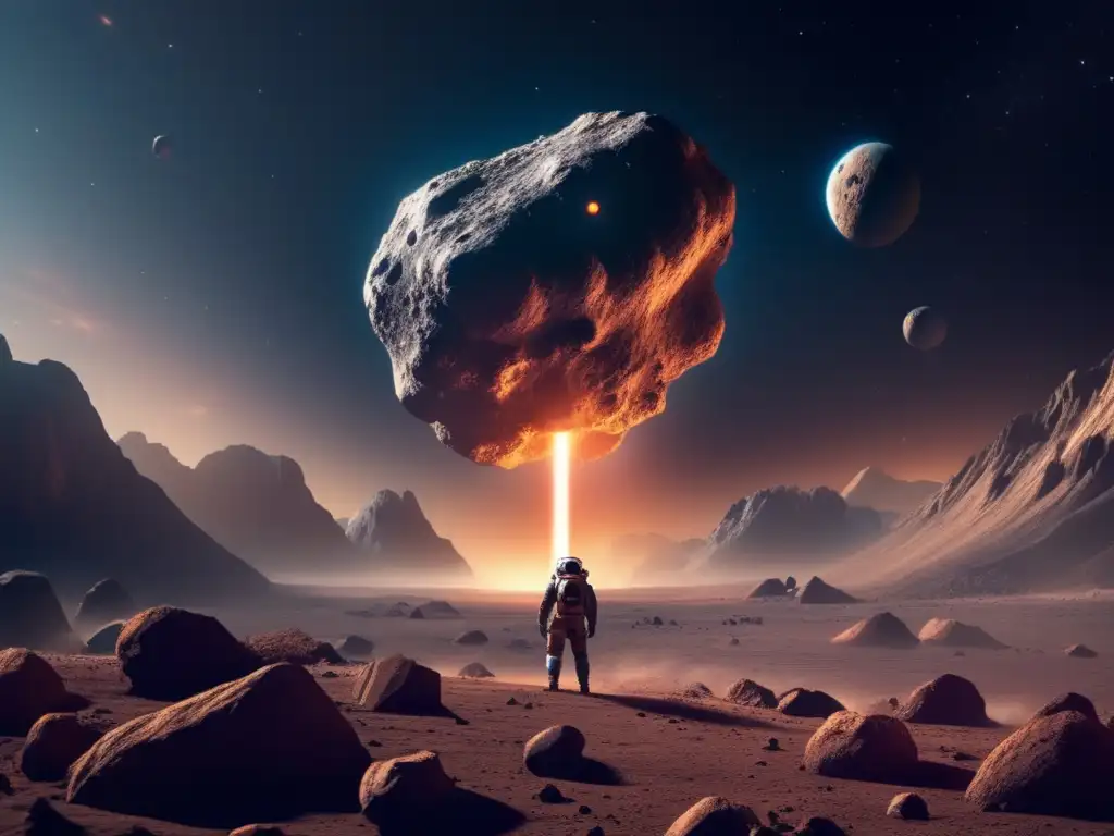A colossal asteroid harvester effortlessly floats above a gargantuan asteroid, collecting valuable resources from the cosmic expanse