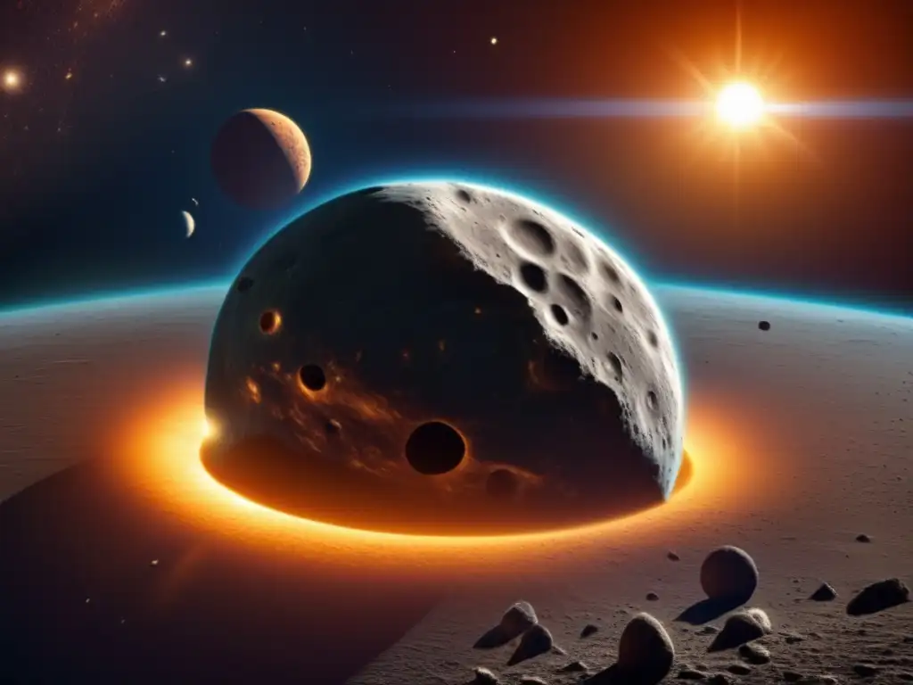 A stunning, photorealistic depiction of Hector, the renowned asteroid, orbiting around the sun