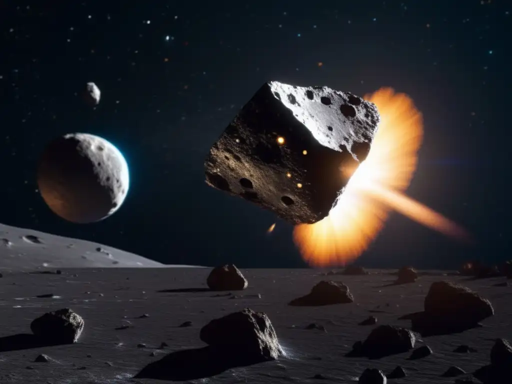 Intrepid Spacecraft Orbits Asteroid Hecuba Dash: An artistically rendered view of an asteroid and spacecraft in space, with iridescent surface and icy formations