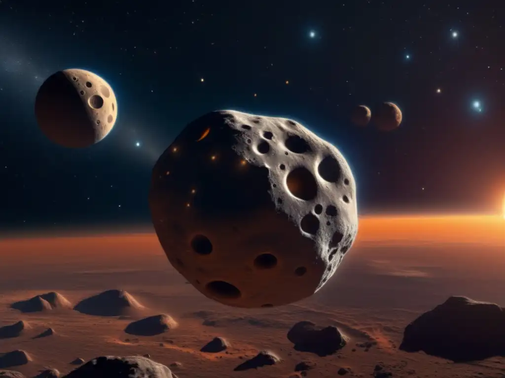 Discovering the Glistening Moons of Asteroid 69230 Hermes A stunning 8k resolution image of Asteroid 69230 Hermes, with intricate textures and clear moon detail in the background