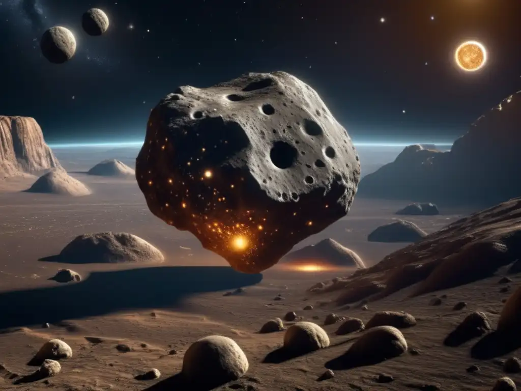 An impressive, photorealistic depiction of asteroid Hippolochus, showcasing its complex terrain with sharp cliffs and deep craters against a dark background, while celestial bodies in the distance add to the sense of awe and wonder
