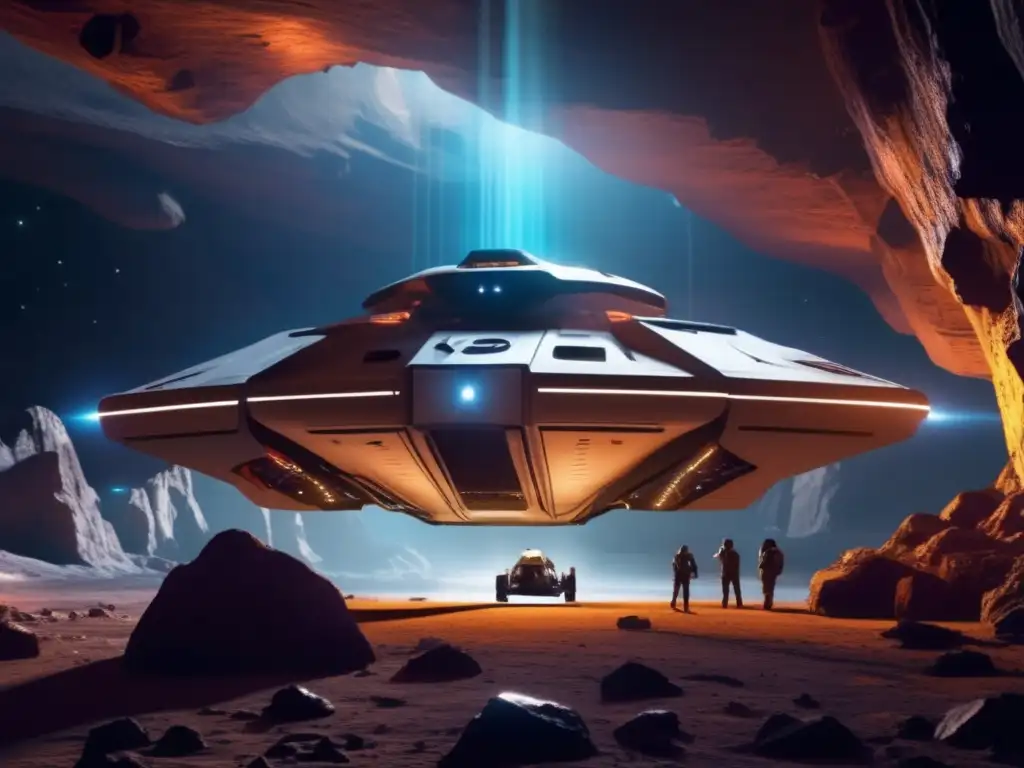 A photorealistic image of a hovercraftlike vessel emerging from a cavern in the interior of an asteroid