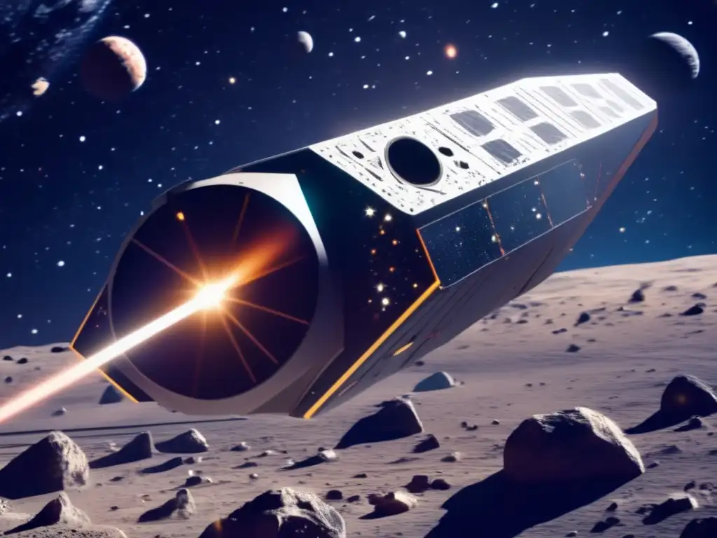 A sleek, futuristic Asteroid Hunters spacecraft glides silently through the cosmos against an awe-inspiring backdrop of celestial bodies and stars