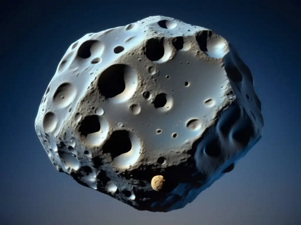 A breathtaking, photorealistic image of irregular asteroid Hygiea, with a scientifically accurate rendering of dark blue rock and gray craters