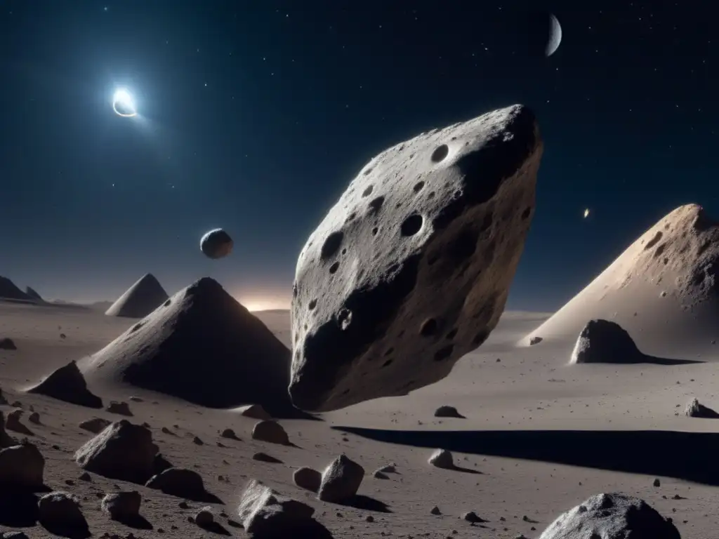Asteroid Ida and Dactyl: A Photorealistic Masterpiece in Space A mesmerizing photorealistic image captures the dynamic duo of asteroid Ida and its moon Dactyl, flying through the infinite black canvas of space