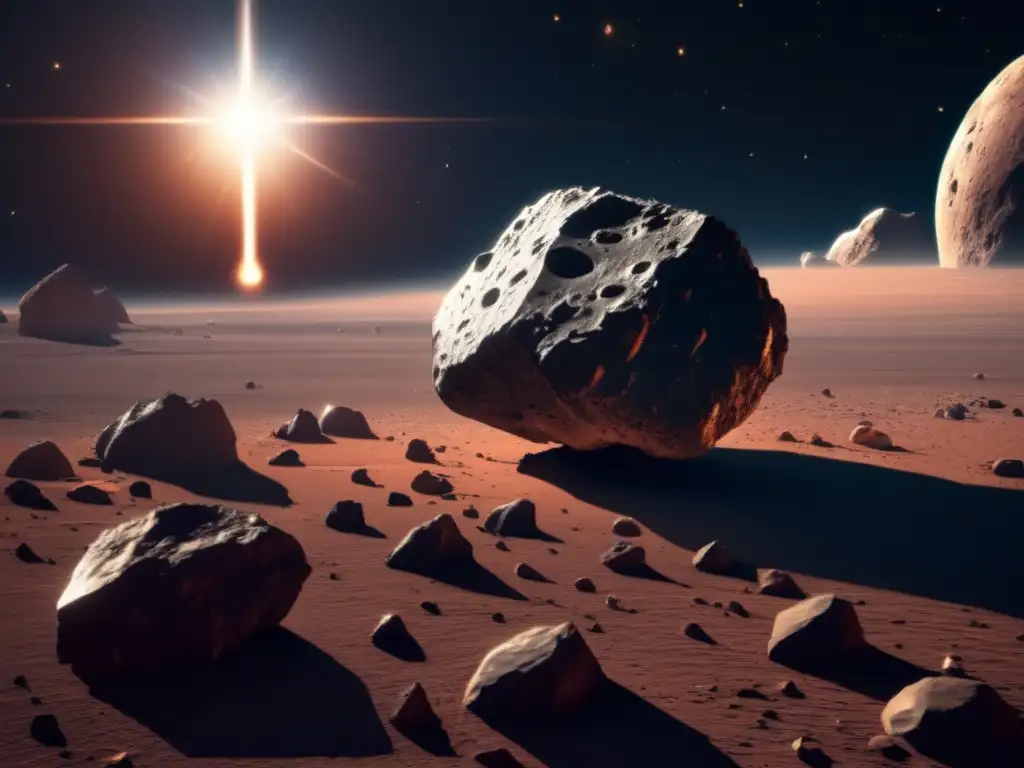 A mesmerizing photorealistic depiction of an asteroid, adorned with jagged, craggy contours, bathed in the ethereal glow of the sun