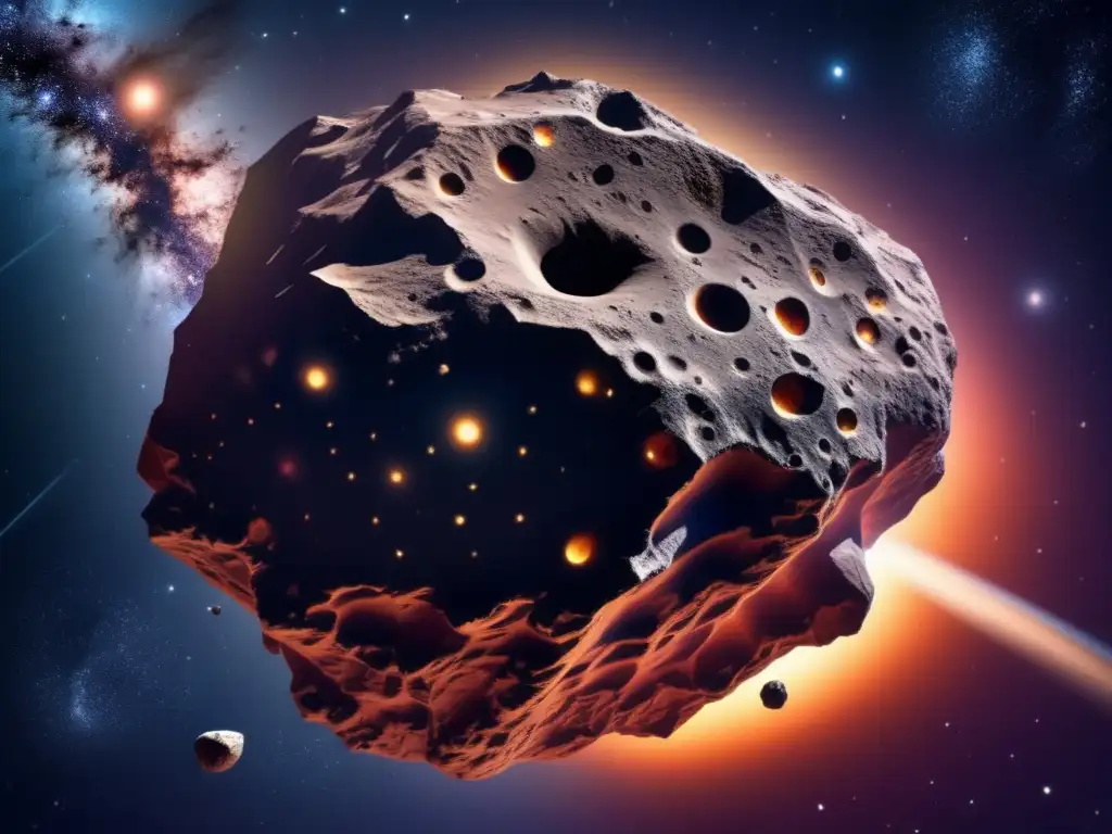 A colossal asteroid casts its ominous shadow over Earth, its jagged edges and intricate patterns illuminated by a soft, ethereal glow from within