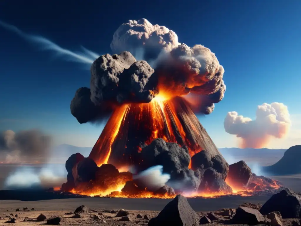 A stunning photograph captures the intense impact of an asteroid on Earth, with vivid flames, billowing smoke, and debris strewn across the landscape