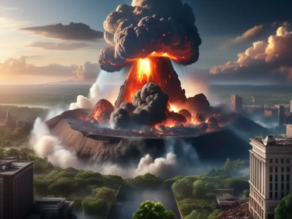 Asteroid Impact: Earth's Massive Crater and Ruins - A photorealistic image of a massive asteroid impacting Earth's surface, creating a gigantic crater and billowing smoke and debris that reach the sky
