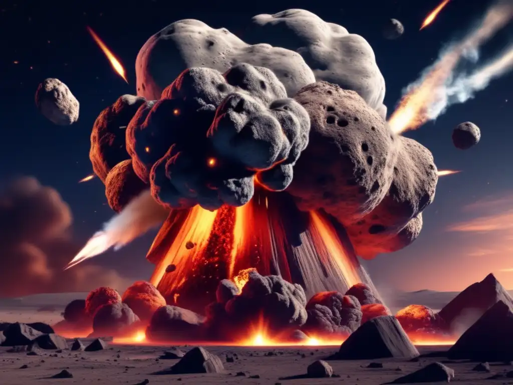 A giant asteroid crashes into a planet, causing explosive debris and smoke to billow out in all directions