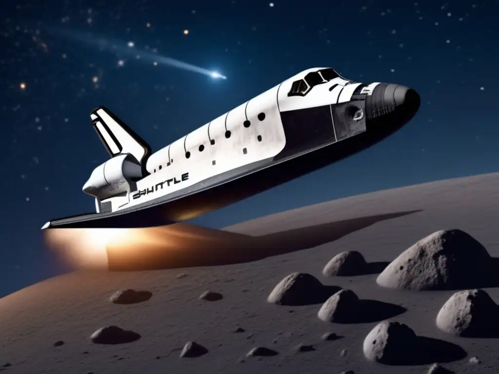 Photorealistic depiction of an asteroid encounter: a shuttle orbits the rocky, illuminated surface while casting shadows through a beam of light
