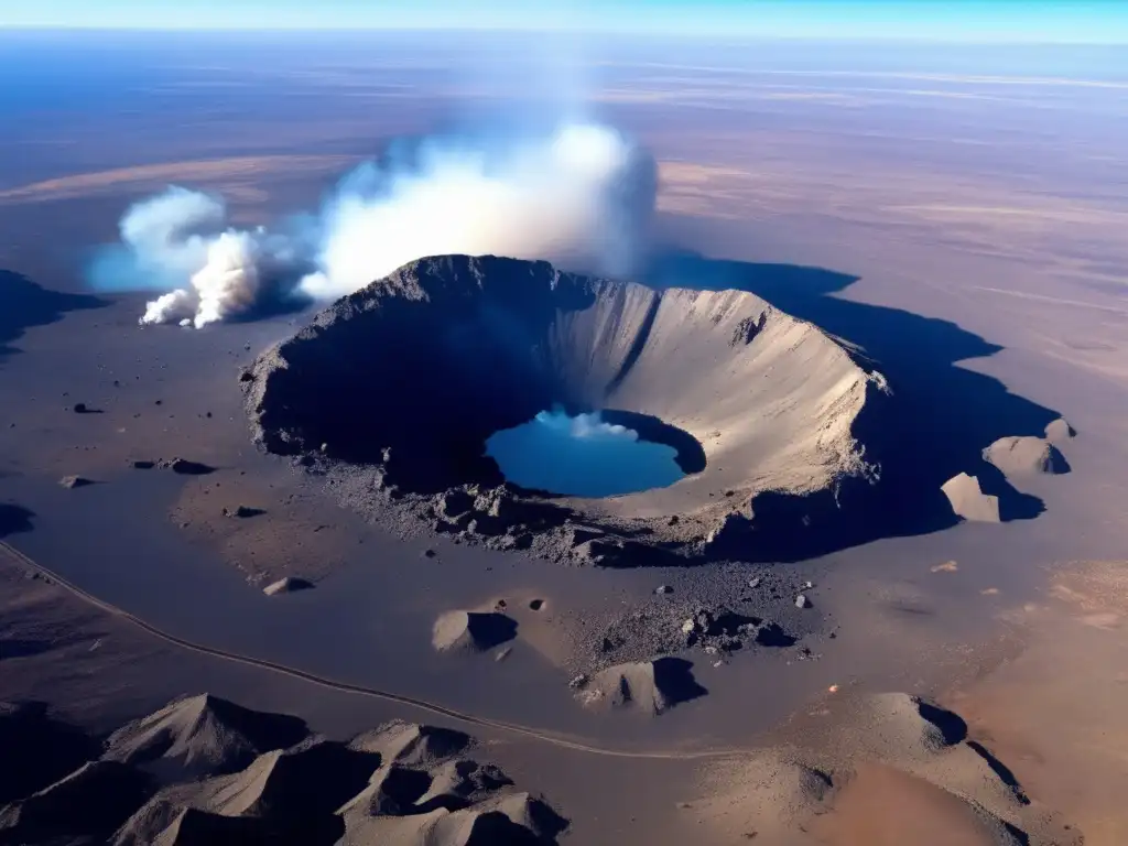 A breathtaking view of a large asteroid impact site from an aerial perspective