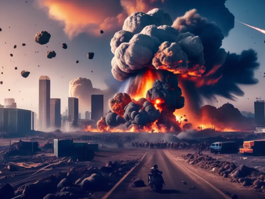 A photo of a massive asteroid colliding with Earth, causing widespread devastation and destruction of cities, buildings, and infrastructure