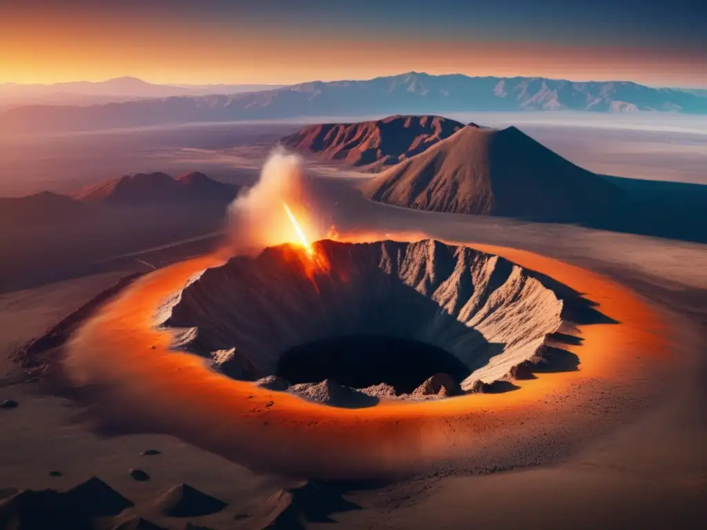 A breathtaking photorealistic image captures a massive asteroid impact crater in California, USA at 8k resolution