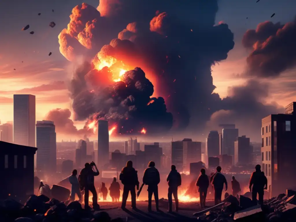 A haunting image of a city shattered by an asteroid impact, with debris and smoke billowing, and survivors huddled in fear and desperation