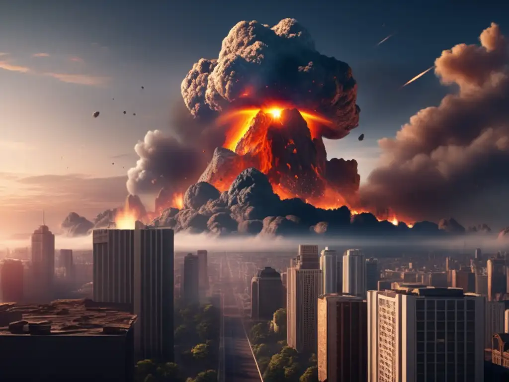 Asteroid Impact: A Photorealistic Depiction of Devastation A panoramic view of a destructive asteroid impact on a cityscape, with buildings and structures collapsing and smoke billowing into the sky