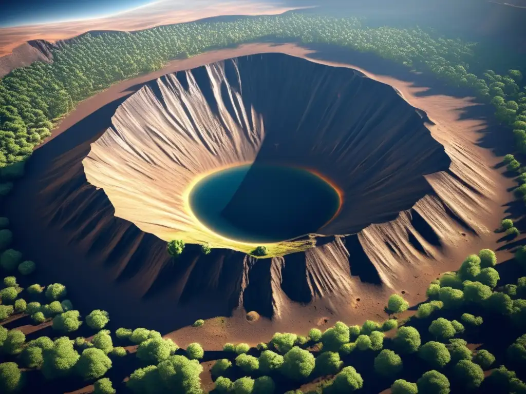 A heart-stopping image of a massive asteroid impact crater, with stunningly realistic textures reflecting sunlight and casting long shadows