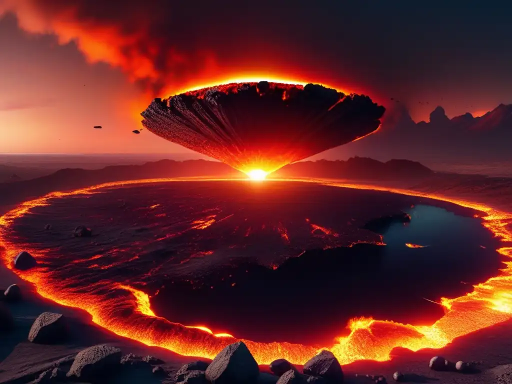 Asteroid Impact: Extinction of Dinosaurs on a Barren Post-Apocalyptic Earth A fiery crater at dawn, superimposed onto a postapocalyptic world landscape