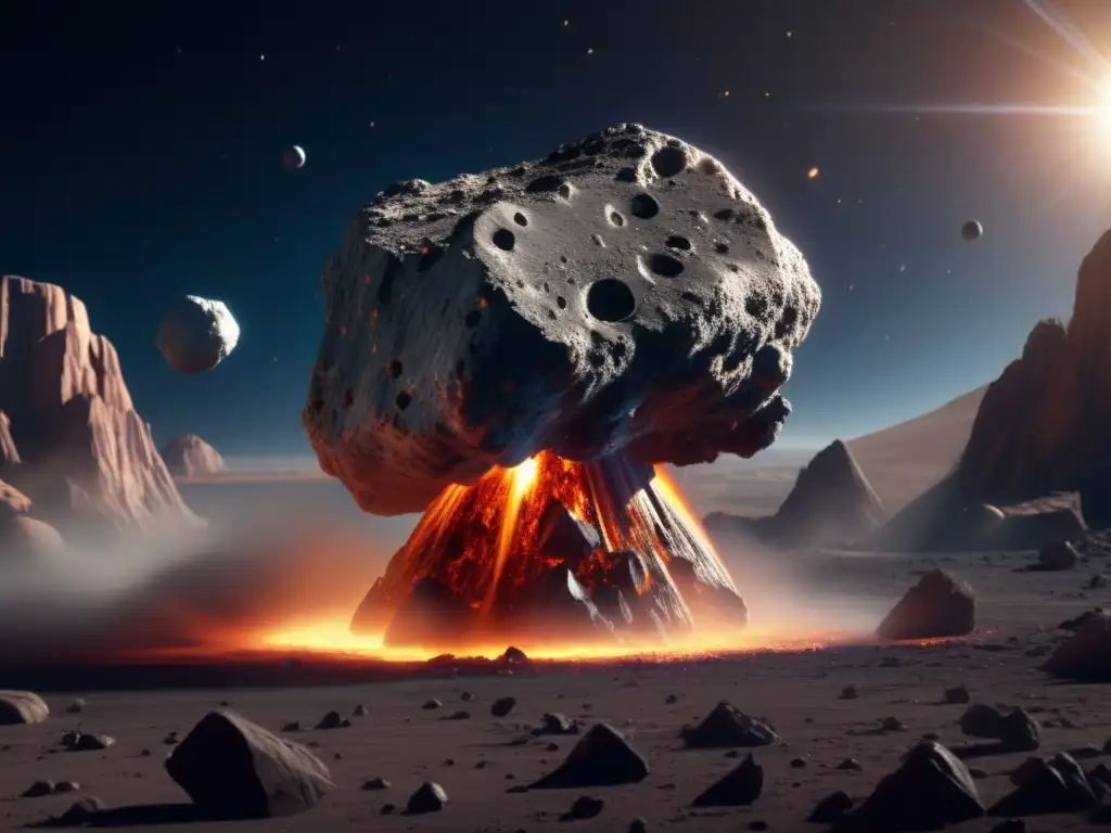 A photorealistic image of an asteroid struck by a kinetic impactor spacecraft, showing detailed damage and debris