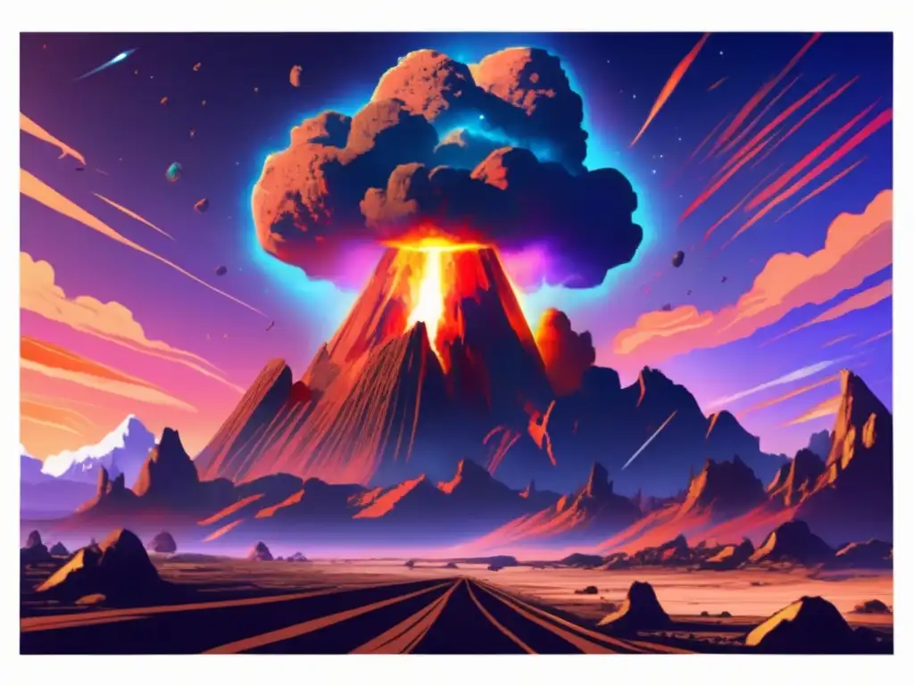Asteroid Impact: A Photorealistic Depiction of Devastation and Ruin A devastating asteroid impact has occurred, leaving a trail of iridescent debris and molten rock