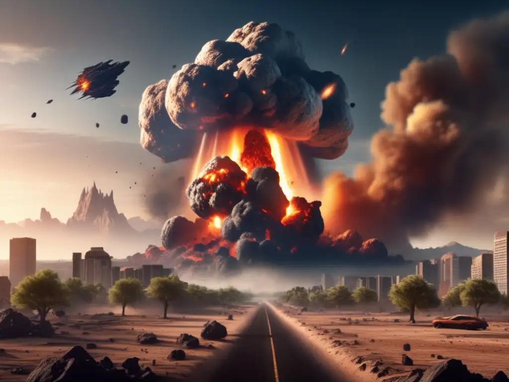 An asteroid of colossal proportions rages towards Earth with immense destructive force, leaving a trail of utter chaos and despair in its wake