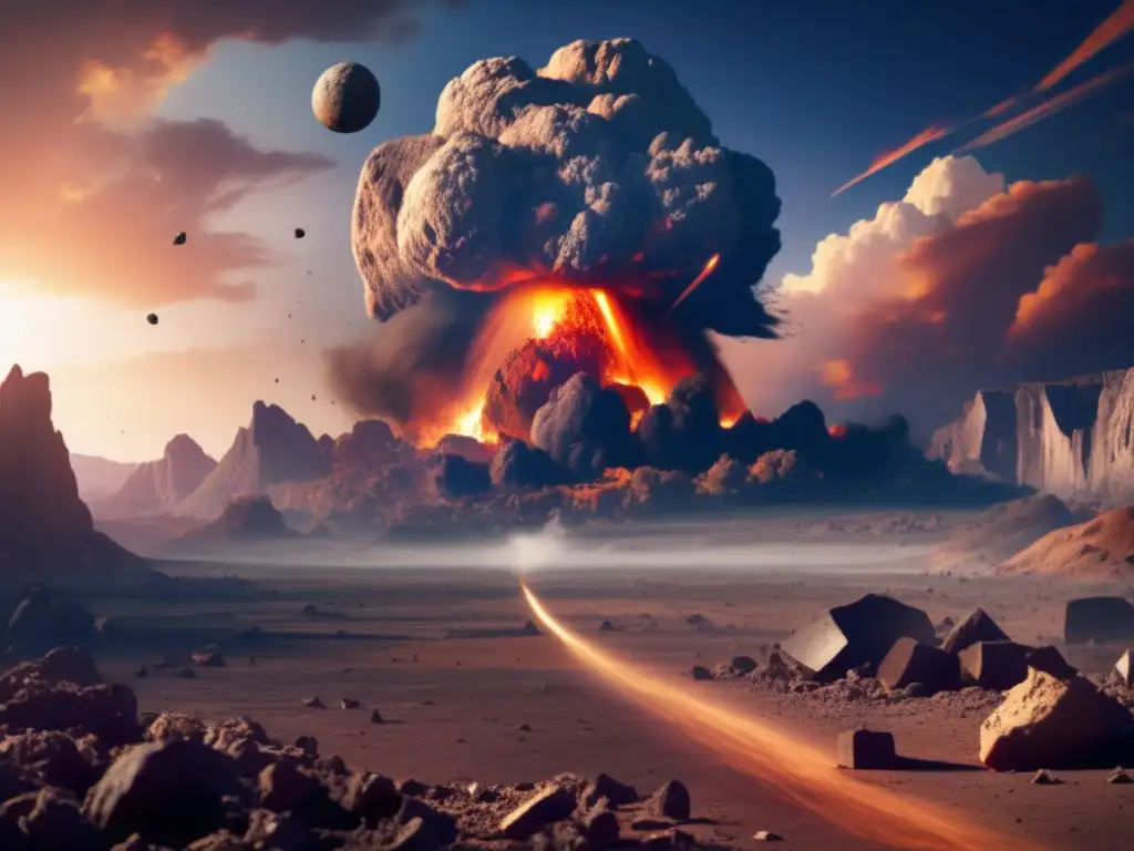 A photorealistic portrayal of a cataclysmic asteroid impact on Earth, where the destruction and devastation caused by the explosion are evident