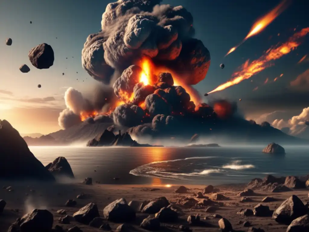 Asteroid Impact: Devastation Unleashed Asteroid impact on Earth wreaks havoc, visible epicenter triggers massive tsunamis, fires, and ash clouds across continents